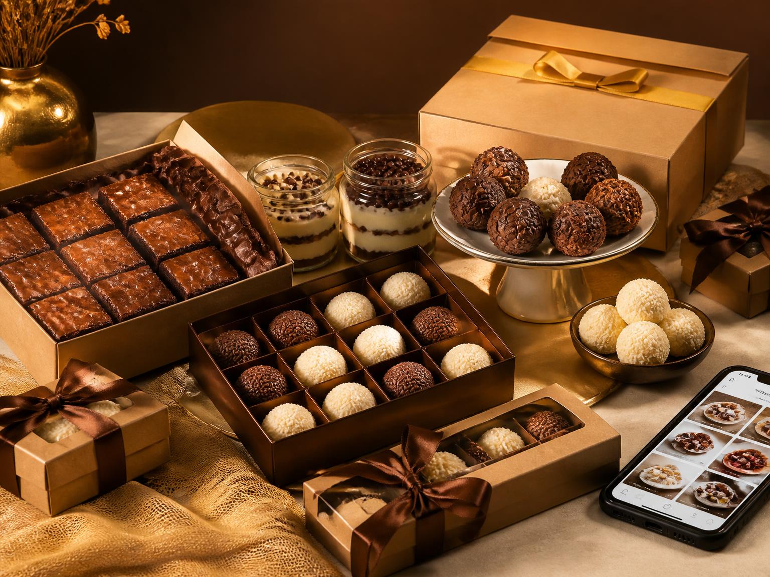 Mesa com brigadeiros gourmet, brownies, trufas, doces no pote e embalagens de confeitaria